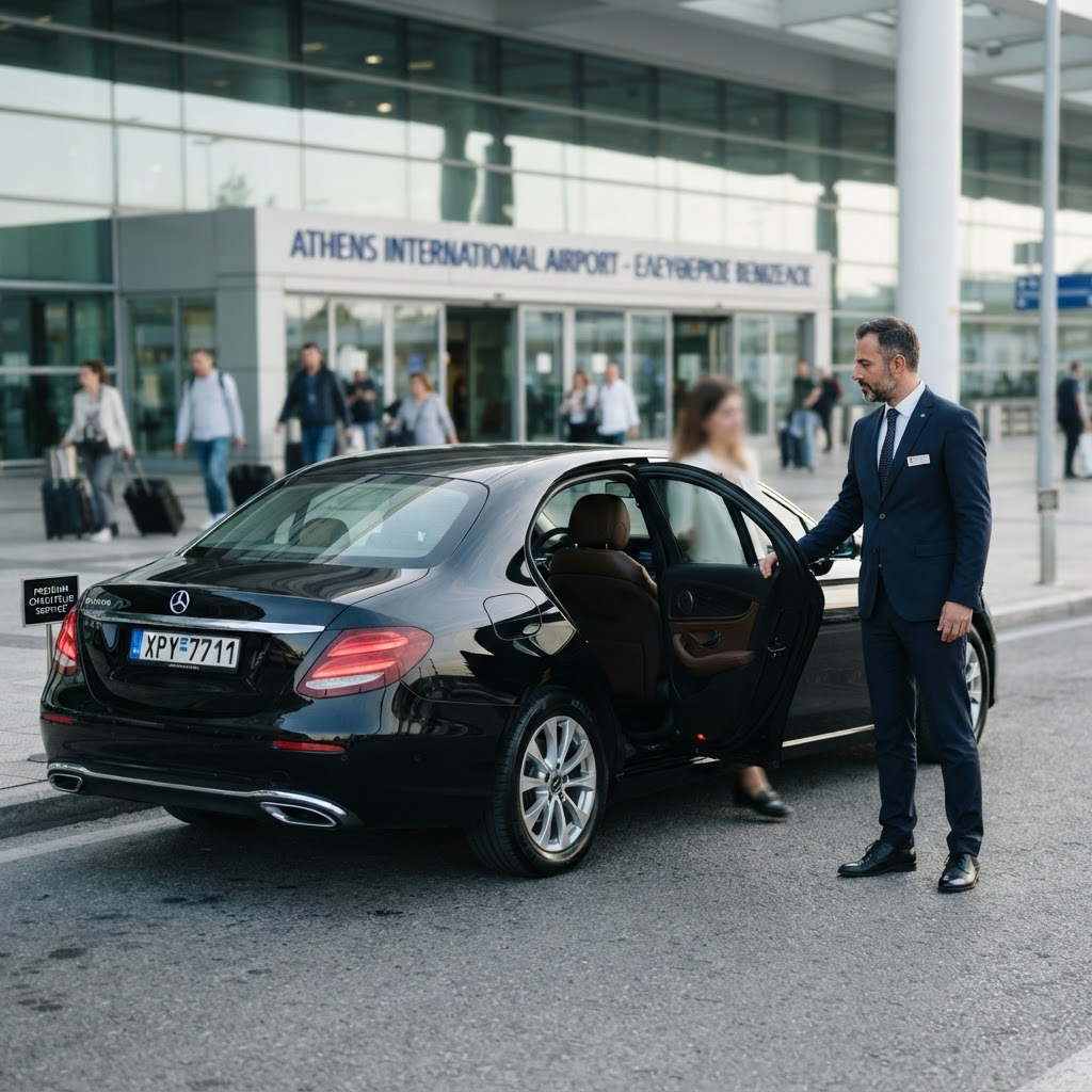 Professional chauffeur opening the door of a black Mercedes-Benz sedan outside Athens International Airport