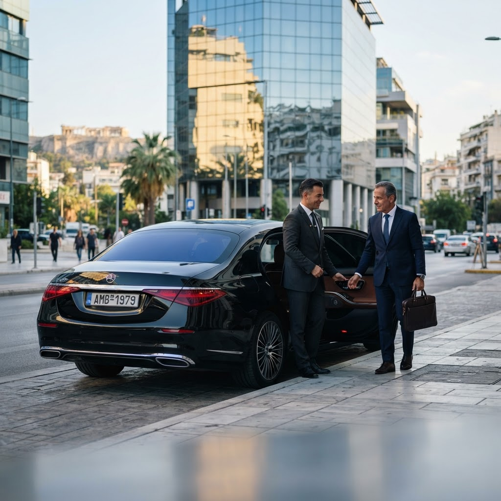 Chauffeur opening the door of a black Mercedes-Benz sedan for a businessman in the Athens business district