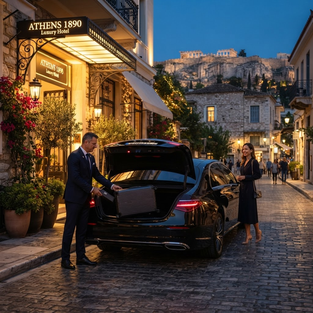 Chauffeur loading luggage into a black Mercedes-Benz sedan outside a boutique hotel in Athens at dusk