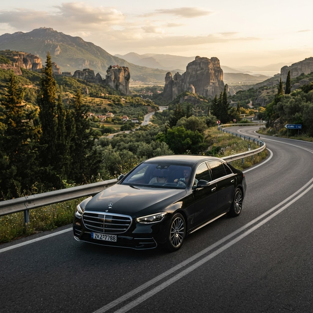 Black Mercedes-Benz sedan on a scenic mountain road in Greece toward Delphi and Meteora