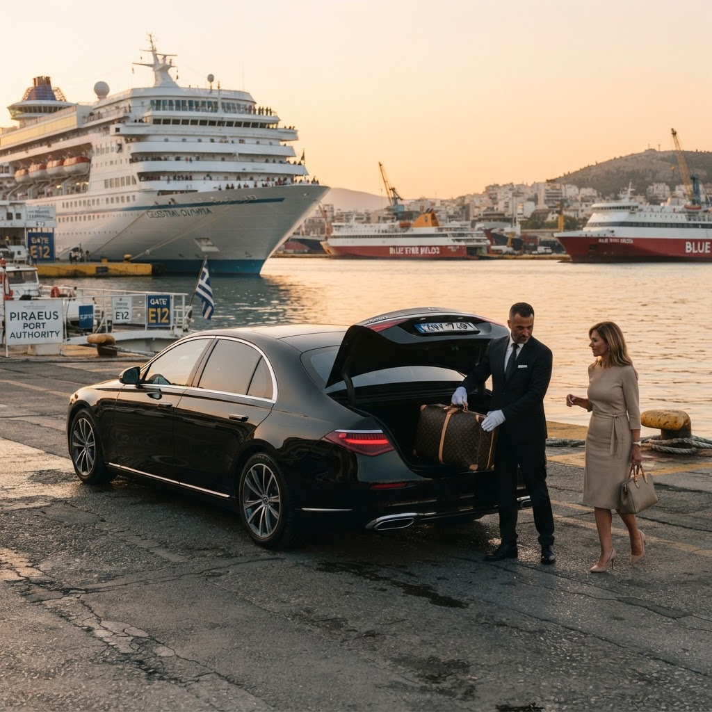 Black Mercedes-Benz sedan at Piraeus port with a cruise ship and ferries in the background