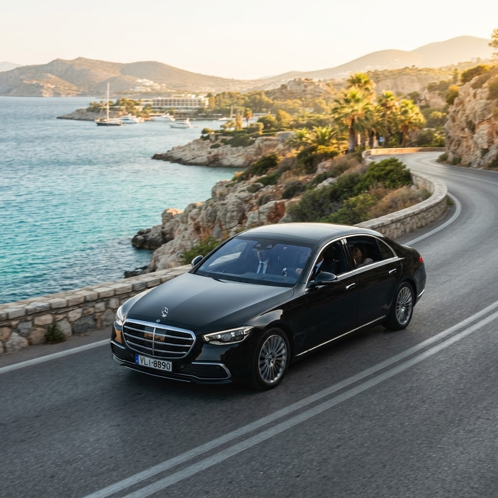 Black Mercedes-Benz sedan on the coastal Athens Riviera road near Vouliagmeni